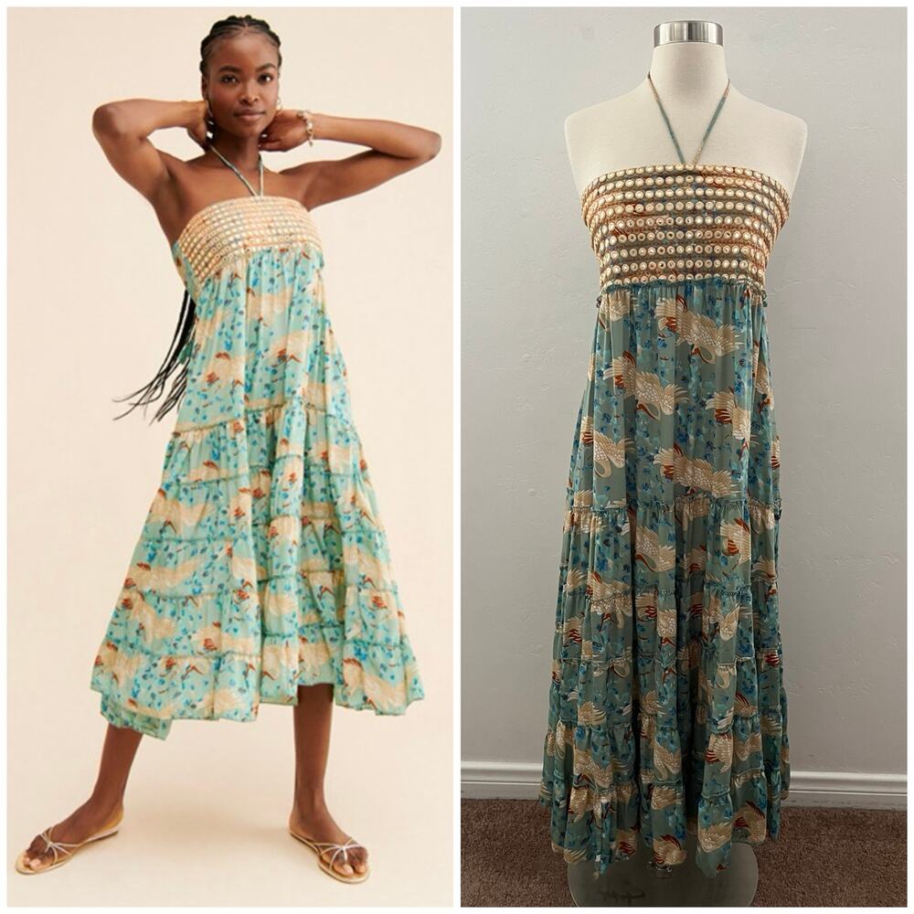 Anthropologie Raga Bagulaa Halter Dress Crane Bird Print Small Boho Resortwear